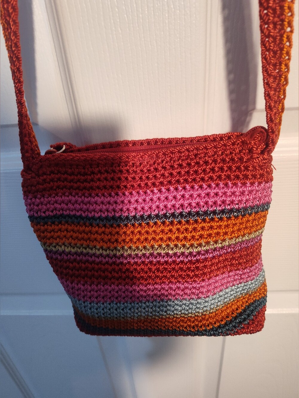 Vintage Y2K Liz Claiborne Striped Crochet Crossbody Bag - Pink, Orange & Red